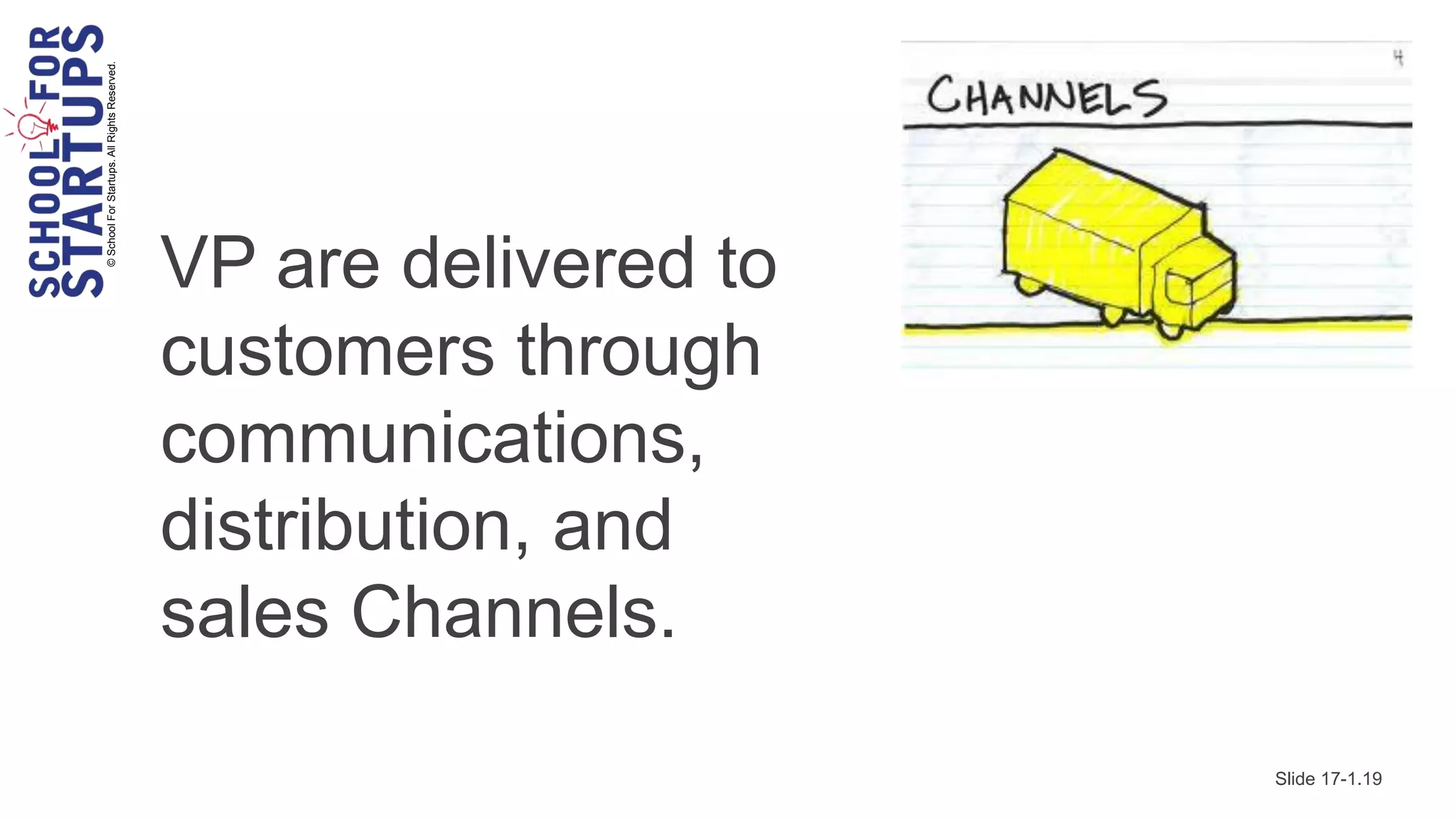 © School For Startups. All Rights Reserved.




                                              VP are delivered to
                                              customers through
                                              communications,
                                              distribution, and
                                              sales Channels.

                                                                    Slide 17-1.19
 