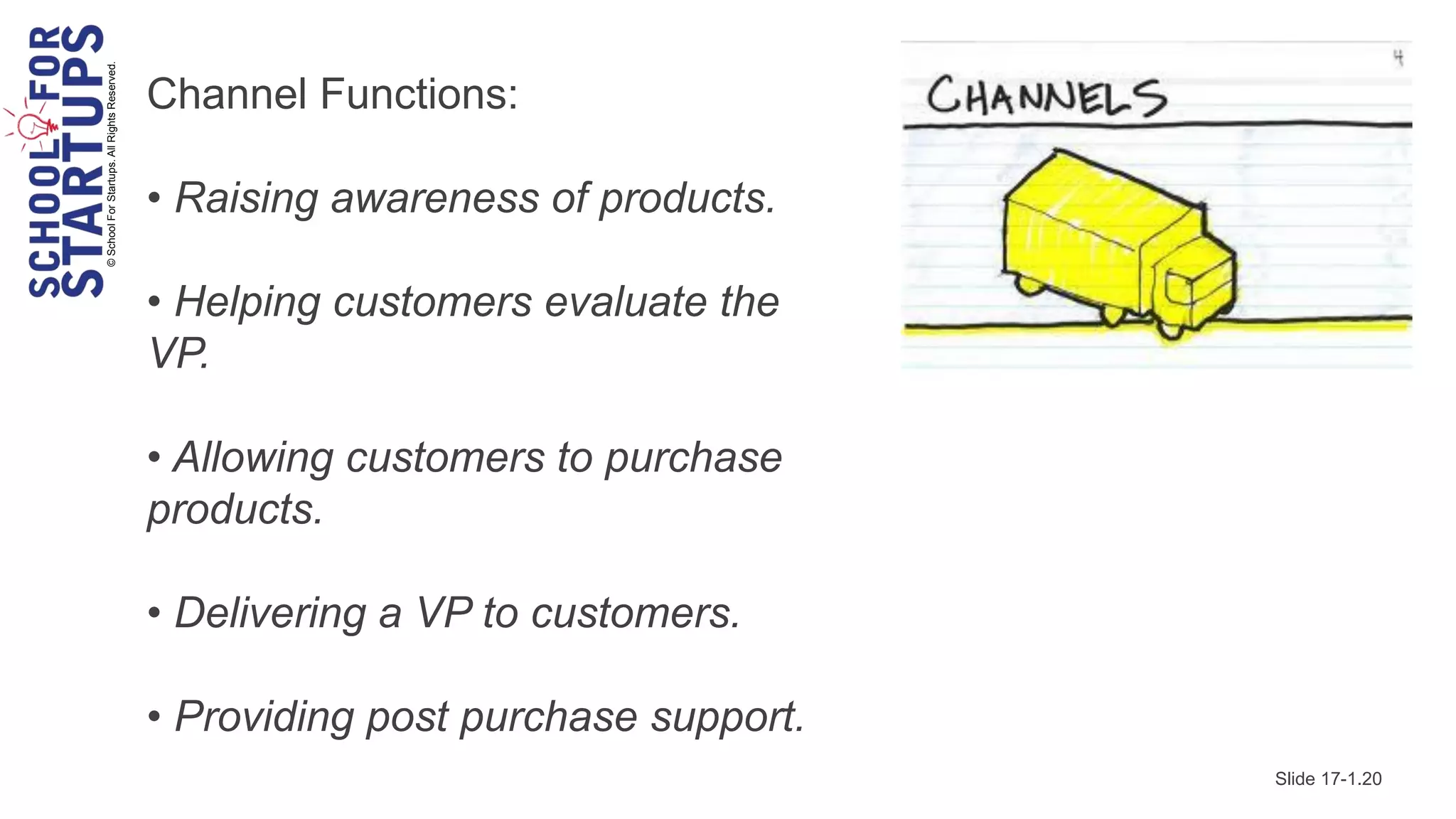 © School For Startups. All Rights Reserved.
                                              Channel Functions:

                                              • Raising awareness of products.

                                              • Helping customers evaluate the
                                              VP.

                                              • Allowing customers to purchase
                                              products.

                                              • Delivering a VP to customers.

                                              • Providing post purchase support.
                                                                                   Slide 17-1.20
 