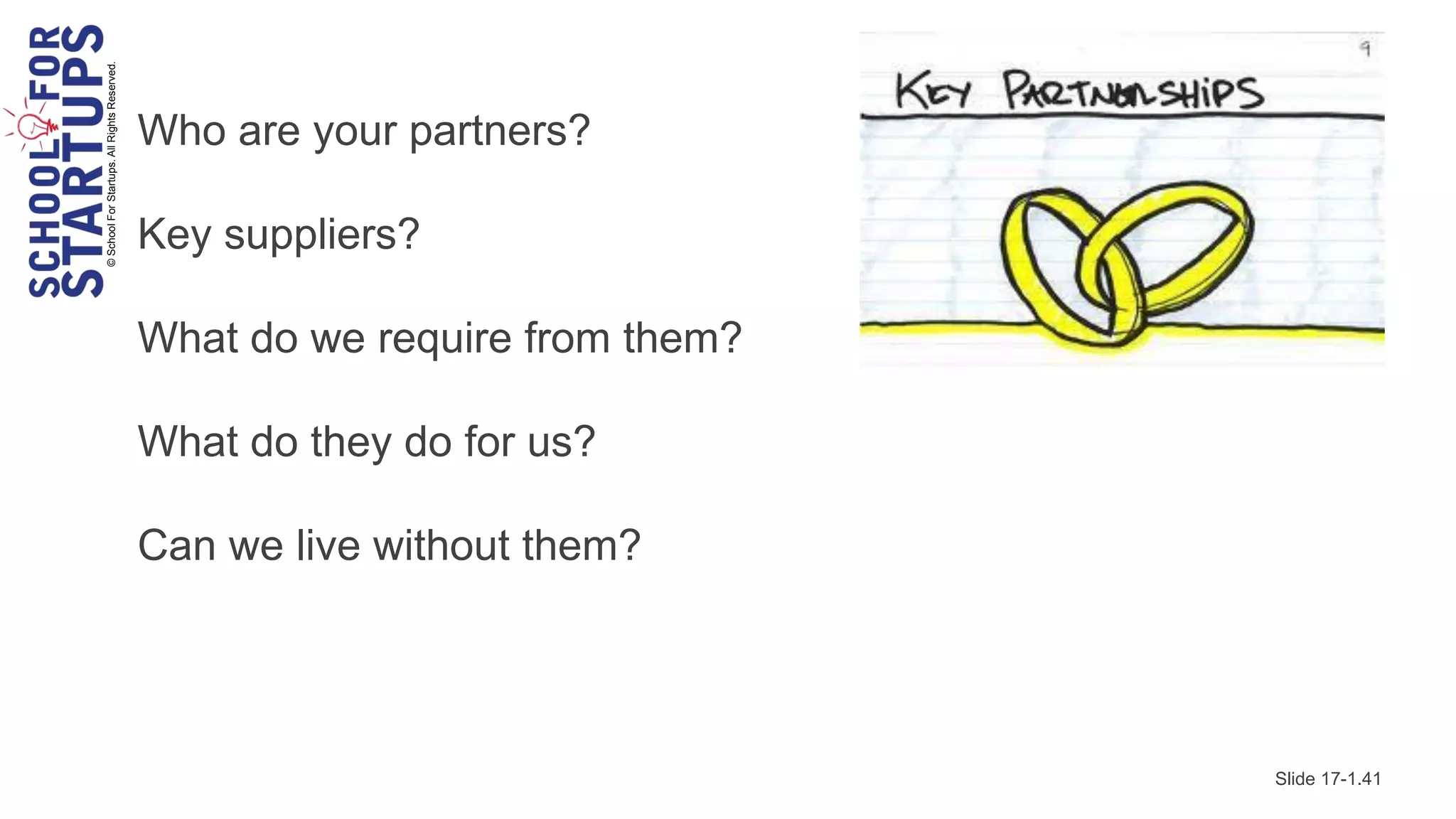© School For Startups. All Rights Reserved.

                                              Who are your partners?

                                              Key suppliers?

                                              What do we require from them?

                                              What do they do for us?

                                              Can we live without them?




                                                                              Slide 17-1.41
 