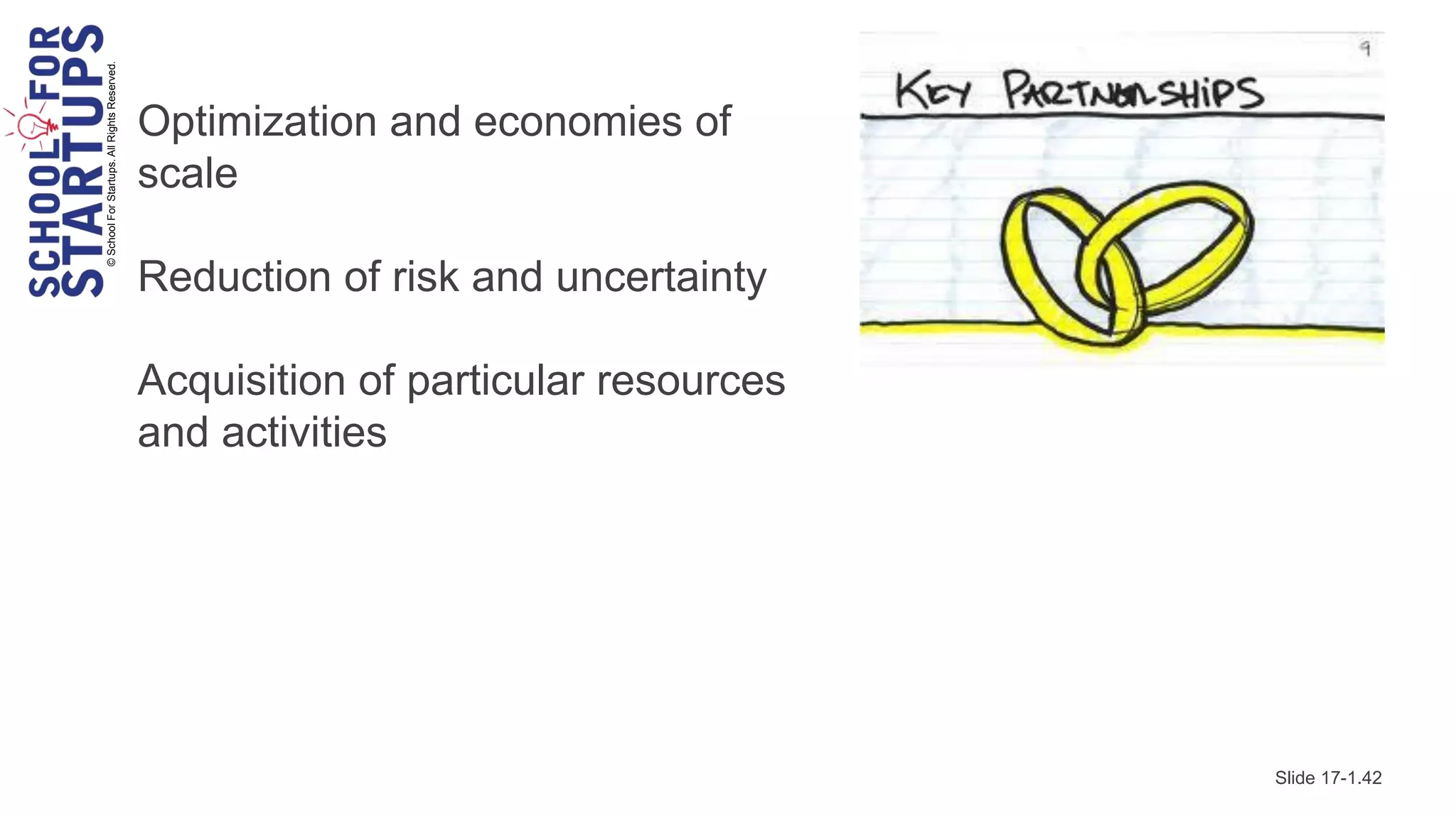 © School For Startups. All Rights Reserved.
                                              Optimization and economies of
                                              scale

                                              Reduction of risk and uncertainty

                                              Acquisition of particular resources
                                              and activities




                                                                                    Slide 17-1.42
 
