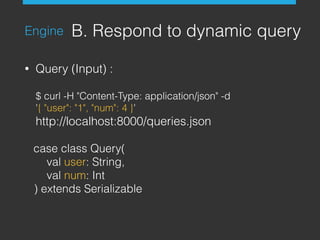 B. Respond to dynamic queryEngine
• Query (Input) : 
 
$ curl -H "Content-Type: application/json" -d  
'{ "user": "1", "num": 4 }'  
http://localhost:8000/queries.json
case class Query(
val user: String,
val num: Int
) extends Serializable
 