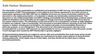 Safe Harbor Statement
The information in this presentation is confidential and proprietary to SAP and may not be disclosed without
the permission of SAP. This presentation is not subject to your license agreement or any other service or
subscription agreement with SAP. SAP has no obligation to pursue any course of business outlined in this
document or any related presentation, or to develop or release any functionality mentioned therein. This
document, or any related presentation and SAP's strategy and possible future developments, products and or
platforms directions and functionality are all subject to change and may be changed by SAP at any time for
any reason without notice. The information on this document is not a commitment, promise or legal obligation
to deliver any material, code or functionality. This document is provided without a warranty of any kind, either
express or implied, including but not limited to, the implied warranties of merchantability, fitness for a
particular purpose, or non-infringement. This document is for informational purposes and may not be
incorporated into a contract. SAP assumes no responsibility for errors or omissions in this document, except
if such damages were caused by SAP intentionally or grossly negligent.

All forward-looking statements are subject to various risks and uncertainties that could cause actual results
to differ materially from expectations. Readers are cautioned not to place undue reliance on these forward-
looking statements, which speak only as of their dates, and they should not be relied upon in making
purchasing decisions.




 © 2012 SAP AG. All rights reserved.                                                                               2
 