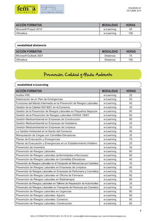 11 
ACCIÓN FORMATIVA MODALIDAD HORAS 
Microsoft Project 2010 e-Learning 45 
Ofimática e-Learning 190 
modalidad distancia 
Prevención, Calidad y Medio Ambiente 
modalidad e-Learning 
SKILLS FORMATION STRATEGIES: 93 270 22 36 • contacto@formationstrategies.org • www.formationstrategies.org 
Actualizado en 
OCTUBRE 2014 
ACCIÓN FORMATIVA MODALIDAD HORAS 
Microsoft Outlook 2007 Distancia 75 
Ofimática Distancia 190 
ACCIÓN FORMATIVA MODALIDAD HORAS 
Auditor PRL e-Learning 25 
Elaboración de un Plan de Emergencias e-Learning 25 
Funciones del Mando Intermedio en la Prevención de Riesgos Laborales e-Learning 45 
Gestión de la Calidad ISO 9001 en el Comercio e-Learning 30 
Gestión de la Prevención de Riesgos Laborales en Pequeños Negocios e-Learning 60 
Gestión de la Prevención de Riesgos Laborales OHSAS 18001 e-Learning 60 
Gestión Medioambiental en Empresas de Construcción e-Learning 95 
Gestión Medioambiental en Empresas de Hostelería e-Learning 25 
Gestión Medioambiental en Empresas de Limpieza e-Learning 25 
La Gestión Ambiental en el Sector del Comercio e-Learning 95 
Manipulación de Cargas con Carretillas Elevadoras e-Learning 35 
Planes de Evacuación y Emergencias e-Learning 75 
Planes de Evacuación y Emergencias en un Establecimiento Hotelero e-Learning 25 
Prevención de Incendios e-Learning 30 
Prevención de Riesgos Laborales e-Learning 60 
Prevención de Riesgos Laborales (enfermedades infecciosas) e-Learning 60 
Prevención de Riesgos Laborales en Carretillas Elevadoras e-Learning 40 
Prevención de Riesgos Laborales en el Transporte de Mercancías por Carretera e-Learning 35 
Prevención de Riesgos Laborales en Empresas de Limpieza e-Learning 60 
Prevención de Riesgos Laborales en Empresas de Perfumería y Cosmética e-Learning 35 
Prevención de Riesgos Laborales en Oficina de Farmacia e-Learning 60 
Prevención de Riesgos Laborales en Radioterapia e-Learning 60 
Prevención de Riesgos Laborales en Talleres de Reparación de Automóviles e-Learning 35 
Prevención de Riesgos Laborales en Transporte de Personas por Carretera e-Learning 35 
Prevención de Riesgos Laborales en Urgencias e-Learning 60 
Prevención de Riesgos Laborales: Agrario e-Learning 60 
Prevención de Riesgos Laborales: Comercio e-Learning 60 
Prevención de Riesgos Laborales: Construcción e-Learning 60 
 