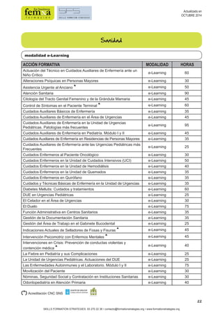 22 
SKILLS FORMATION STRATEGIES: 93 270 22 36 • contacto@formationstrategies.org • www.formationstrategies.org 
Actualizado en 
OCTUBRE 2014 
(*) Acreditación CNC SNS 
Sanidad 
modalidad e-Learning 
ACCIÓN FORMATIVA MODALIDAD HORAS 
Actuación del Técnico en Cuidados Auxiliares de Enfermería ante un 
Niño Crítico e-Learning 60 
Alteraciones Psíquicas en Personas Mayores e-Learning 30 
Asistencia Urgente al Anciano * e-Learning 50 
Atención Sanitaria e-Learning 90 
Citología del Tracto Genital Femenino y de la Grándula Mamaria e-Learning 45 
Control de Síntomas en el Paciente Terminal * e-Learning 60 
Cuidados Auxiliares Básicos de Enfermería e-Learning 35 
Cuidados Auxiliares de Enfermería en el Área de Urgencias e-Learning 45 
Cuidados Auxiliares de Enfermería en la Unidad de Urgencias 
Pediátricas. Patologías más frecuentes e-Learning 95 
Cuidados Auxiliares de Enfermería en Pediatría. Módulo I y II e-Learning 45 
Cuidados Auxiliares de Enfermería en Residencias de Personas Mayores e-Learning 35 
Cuidados Auxiliares de Enfermería ante las Urgencias Pediátricas más 
Frecuentes e-Learning 25 
Cuidados Enfermeros al Paciente Oncológico e-Learning 30 
Cuidados Enfermeros en la Unidad de Cuidados Intensivos (UCI) e-Learning 50 
Cuidados Enfermeros en la Unidad de Hemodiálisis e-Learning 40 
Cuidados Enfermeros en la Unidad de Quemados e-Learning 35 
Cuidados Enfermeros en Quirófano e-Learning 35 
Cuidados y Técnicas Básicas de Enfermería en la Unidad de Urgencias e-Learning 35 
Diabetes Mellutis: Cuidados y tratamientos e-Learning 60 
DUE en Urgencias Pediátricas e-Learning 25 
El Celador en el Área de Urgencias e-Learning 30 
El Duelo e-Learning 75 
Función Administrativa en Centros Sanitarios e-Learning 35 
Gestión de la Documentación Sanitaria e-Learning 35 
Gestión del Área de Trabajo en el Gabinete Bucodental e-Learning 25 
Indicaciones Actuales de Selladores de Fosas y Fisuras * e-Learning 45 
Intervención Psicomotriz con Enfermos Mentales * e-Learning 45 
Intervenciones en Crisis: Prevención de conductas violentas y 
contención médica * e-Learning 40 
La Fiebre en Pediatría y sus Complicaciones e-Learning 25 
La Unidad de Urgencias Pediátricas. Actuaciones del DUE e-Learning 25 
Las Enfermedades Autoinmunes y el Laboratorio. Módulo I y II e-Learning 75 
Movilización del Paciente e-Learning 30 
Nóminas, Seguridad Social y Contratación en Instituciones Sanitarias e-Learning 30 
Odontopediatría en Atención Primaria e-Learning 40 
 