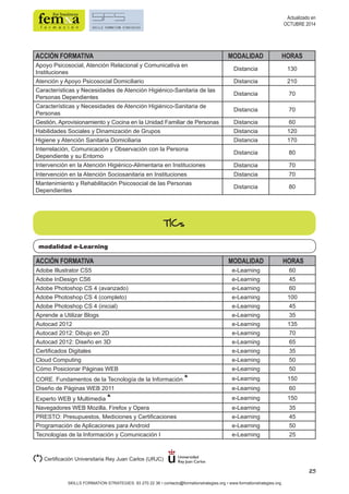 25 
SKILLS FORMATION STRATEGIES: 93 270 22 36 • contacto@formationstrategies.org • www.formationstrategies.org 
Actualizado en 
OCTUBRE 2014 
ACCIÓN FORMATIVA MODALIDAD HORAS 
Apoyo Psicosocial, Atención Relacional y Comunicativa en 
Instituciones Distancia 130 
Atención y Apoyo Psicosocial Domiciliario Distancia 210 
Características y Necesidades de Atención Higiénico-Sanitaria de las 
Personas Dependientes Distancia 70 
Características y Necesidades de Atención Higiénico-Sanitaria de 
Personas Distancia 70 
Gestión, Aprovisionamiento y Cocina en la Unidad Familiar de Personas Distancia 60 
Habilidades Sociales y Dinamización de Grupos Distancia 120 
Higiene y Atención Sanitaria Domiciliaria Distancia 170 
Interrelación, Comunicación y Observación con la Persona 
Dependiente y su Entorno Distancia 80 
Intervención en la Atención Higiénico-Alimentaria en Instituciones Distancia 70 
Intervención en la Atención Sociosanitaria en Instituciones Distancia 70 
Mantenimiento y Rehabilitación Psicosocial de las Personas 
Dependientes Distancia 80 
TICs 
modalidad e-Learning 
ACCIÓN FORMATIVA MODALIDAD HORAS 
Adobe Illustrator CS5 e-Learning 60 
Adobe InDesign CS6 e-Learning 45 
Adobe Photoshop CS 4 (avanzado) e-Learning 60 
Adobe Photoshop CS 4 (completo) e-Learning 100 
Adobe Photoshop CS 4 (inicial) e-Learning 45 
Aprende a Utilizar Blogs e-Learning 35 
Autocad 2012 e-Learning 135 
Autocad 2012: Dibujo en 2D e-Learning 70 
Autocad 2012: Diseño en 3D e-Learning 65 
Certificados Digitales e-Learning 35 
Cloud Computing e-Learning 50 
Cómo Posicionar Páginas WEB e-Learning 50 
CORE. Fundamentos de la Tecnología de la Información * e-Learning 150 
Diseño de Páginas WEB 2011 e-Learning 60 
Experto WEB y Multimedia * e-Learning 150 
Navegadores WEB Mozilla, Firefox y Opera e-Learning 35 
PRESTO: Presupuestos, Mediciones y Certificaciones e-Learning 45 
Programación de Aplicaciones para Android e-Learning 50 
Tecnologías de la Información y Comunicación I e-Learning 25 
(*) Certificación Universitaria Rey Juan Carlos (URJC) 
 