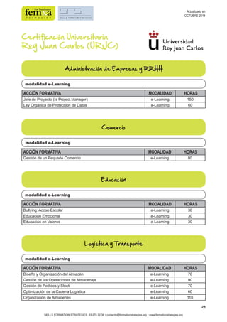 29 
Administración de Empresas y RRHH 
modalidad e-Learning 
ACCIÓN FORMATIVA MODALIDAD HORAS 
Jefe de Proyecto (Is Project Manager) e-Learning 150 
Ley Orgánica de Protección de Datos e-Learning 60 
modalidad e-Learning 
ACCIÓN FORMATIVA MODALIDAD HORAS 
Gestión de un Pequeño Comercio e-Learning 80 
modalidad e-Learning 
ACCIÓN FORMATIVA MODALIDAD HORAS 
Bullying: Acoso Escolar e-Learning 30 
Educación Emocional e-Learning 30 
Educación en Valores e-Learning 30 
modalidad e-Learning 
SKILLS FORMATION STRATEGIES: 93 270 22 36 • contacto@formationstrategies.org • www.formationstrategies.org 
Actualizado en 
OCTUBRE 2014 
Certificación Universitaria 
Rey Juan Carlos (URJC) 
Comercio 
Educación 
Logística y Transporte 
ACCIÓN FORMATIVA MODALIDAD HORAS 
Diseño y Organización del Almacén e-Learning 70 
Gestión de las Operaciones de Almacenaje e-Learning 90 
Gestión de Pedidos y Stock e-Learning 70 
Optimización de la Cadena Logística e-Learning 60 
Organización de Almacenes e-Learning 110 
 