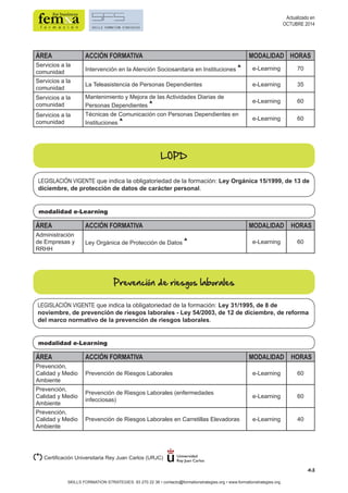 ÁREA ACCIÓN FORMATIVA MODALIDAD HORAS 
Servicios a la 
comunidad Intervención en la Atención Sociosanitaria en Instituciones * e-Learning 70 
Servicios a la 
comunidad La Teleasistencia de Personas Dependientes e-Learning 35 
Servicios a la 
comunidad 
Mantenimiento y Mejora de las Actividades Diarias de 
Personas Dependientes * e-Learning 60 
Servicios a la 
comunidad 
Técnicas de Comunicación con Personas Dependientes en 
Instituciones * e-Learning 60 
LEGISLACIÓN VIGENTE que indica la obligatoriedad de la formación: Ley Orgánica 15/1999, de 13 de 
diciembre, de protección de datos de carácter personal. 
ÁREA ACCIÓN FORMATIVA MODALIDAD HORAS 
Administración 
de Empresas y 
Ley Orgánica de Protección de Datos * e-Learning 60 
RRHH 
LEGISLACIÓN VIGENTE que indica la obligatoriedad de la formación: Ley 31/1995, de 8 de 
noviembre, de prevención de riesgos laborales - Ley 54/2003, de 12 de diciembre, de reforma 
del marco normativo de la prevención de riesgos laborales. 
43 
SKILLS FORMATION STRATEGIES: 93 270 22 36 • contacto@formationstrategies.org • www.formationstrategies.org 
Actualizado en 
OCTUBRE 2014 
LOPD 
modalidad e-Learning 
Prevención de riesgos laborales 
modalidad e-Learning 
ÁREA ACCIÓN FORMATIVA MODALIDAD HORAS 
Prevención, 
Calidad y Medio 
Prevención de Riesgos Laborales e-Learning 60 
Ambiente 
Prevención, 
Calidad y Medio 
Ambiente 
Prevención de Riesgos Laborales (enfermedades 
infecciosas) e-Learning 60 
Prevención, 
Calidad y Medio 
Ambiente 
Prevención de Riesgos Laborales en Carretillas Elevadoras e-Learning 40 
(*) Certificación Universitaria Rey Juan Carlos (URJC) 
 