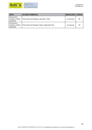 45 
SKILLS FORMATION STRATEGIES: 93 270 22 36 • contacto@formationstrategies.org • www.formationstrategies.org 
Actualizado en 
OCTUBRE 2014 
ÁREA ACCIÓN FORMATIVA MODALIDAD HORAS 
Prevención, 
Calidad y Medio 
Prevención de Riesgos Laborales: Textil e-Learning 60 
Ambiente 
Prevención, 
Calidad y Medio 
Ambiente 
Prevención de Riesgos Viales: Seguridad Vial e-Learning 35 
 