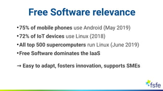 Free Software relevance

75% of mobile phones use Android (May 2019)

72% of IoT devices use Linux (2018)

All top 500 ...