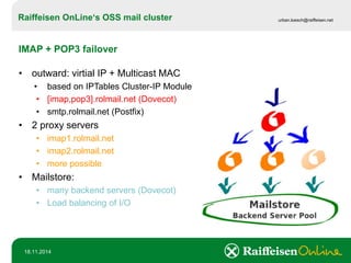 Raiffeisen OnLine‘sOSS mail cluster 
urban.loesch@raiffeisen.net 
18.11.2014 
IMAP + POP3 failover 
•outward: virtialIP + Multicast MAC 
•basedon IPTablesCluster-IP Module 
•[imap,pop3].rolmail.net (Dovecot) 
•smtp.rolmail.net (Postfix) 
•2 proxyservers 
•imap1.rolmail.net 
•imap2.rolmail.net 
•morepossible 
•Mailstore: 
•manybackend servers(Dovecot) 
•Load balancingofI/O  