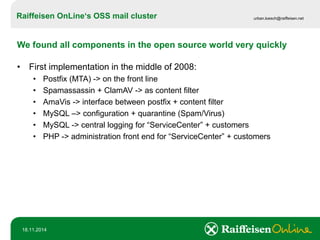 Raiffeisen OnLine‘sOSS mail cluster 
urban.loesch@raiffeisen.net 
18.11.2014 
We found all components in the open source world very quickly 
•First implementation in the middle of 2008: 
•Postfix (MTA) -> on the front line 
•Spamassassin + ClamAV -> as content filter 
•AmaVis -> interface between postfix + content filter 
•MySQL –> configuration + quarantine (Spam/Virus) 
•MySQL -> central logging for “ServiceCenter” + customers 
•PHP -> administration front end for “ServiceCenter” + customers  
