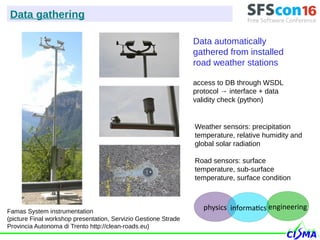 Data automatically
gathered from installed
road weather stations
access to DB through WSDL
protocol → interface + data
validity check (python)
Weather sensors: precipitation
temperature, relative humidity and
global solar radiation
Road sensors: surface
temperature, sub-surface
temperature, surface condition
Famas System instrumentation
(picture Final workshop presentation, Servizio Gestione Strade
Provincia Autonoma di Trento http://clean-roads.eu)
Data gathering
physics informatics engineering
 