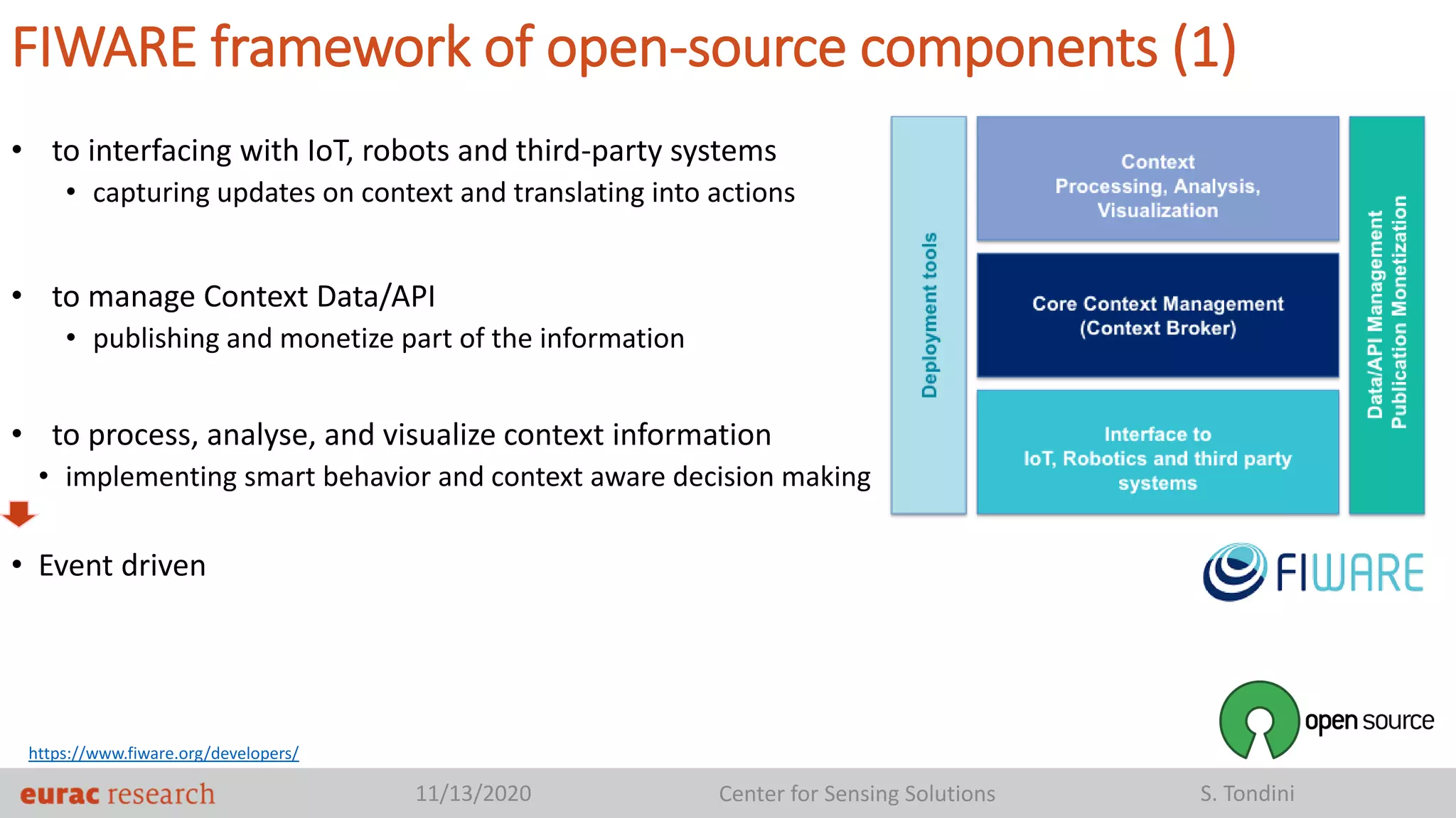 11/13/2020 Center for Sensing Solutions S. Tondini
FIWARE framework of open-source components (1)
• to interfacing with IoT, robots and third-party systems
• capturing updates on context and translating into actions
• to manage Context Data/API
• publishing and monetize part of the information
• to process, analyse, and visualize context information
• implementing smart behavior and context aware decision making
• Event driven
https://www.fiware.org/developers/
 