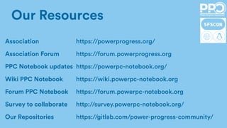 Our Resources
Association https://powerprogress.org/
Association Forum https://forum.powerprogress.org
PPC Notebook updates https://powerpc-notebook.org/
Wiki PPC Notebook https://wiki.powerpc-notebook.org
Forum PPC Notebook https://forum.powerpc-notebook.org
Survey to collaborate http://survey.powerpc-notebook.org/
Our Repositories https://gitlab.com/power-progress-community/
 