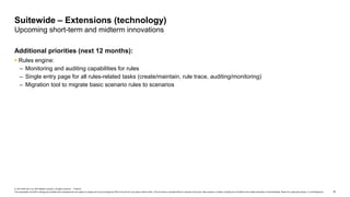 19
© 2019 SAP SE or an SAP affiliate company. All rights reserved. ǀ PUBLIC
This presentation and SAP‘s strategy and possible future developments are subject to change and may be changed by SAP at any time for any reason without notice. This document is provided without a warranty of any kind, either express or implied, including but not limited to the implied warranties of merchantability, fitness for a particular purpose, or noninfringement.
Additional priorities (next 12 months):
 Rules engine:
– Monitoring and auditing capabilities for rules
– Single entry page for all rules-related tasks (create/maintain, rule trace, auditing/monitoring)
– Migration tool to migrate basic scenario rules to scenarios​​
Suitewide – Extensions (technology)
Upcoming short-term and midterm innovations
 