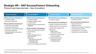 37
© 2019 SAP SE or an SAP affiliate company. All rights reserved. ǀ PUBLIC
This presentation and SAP‘s strategy and possible future developments are subject to change and may be changed by SAP at any time for any reason without notice. This document is provided without a warranty of any kind, either express or implied, including but not limited to the implied warranties of merchantability, fitness for a particular purpose, or noninfringement.
1. This is the current state of planning and may be changed by SAP at any time without notice.
Strategic HR – SAP SuccessFactors Onboarding
Product road map overview – Key innovations
SAP SuccessFactors Onboarding 1.0
 Compliance updates​
 Data purge by legal entity
SAP SuccessFactors Onboarding 2.0
 Unified suite reporting​ (beta)
 Task archive enhancements
 Participants for onboardee data review
 Data purge by legal entity
 Canceled onboarding data purge by
cancelation date
SAP SuccessFactors Onboarding 1.0
 Compliance updates
 DocuSign integration update
 E-Verify ICA V30
 Manage pending hire filtering/sorting
capabilities
SAP SuccessFactors Onboarding 2.0
 React to key data/process Changes
 Cross-boarding
 Rehire
 Custom tile enhancements to
attach documents
 Offboarding
– Data protection and privacy
– Knowledge transfer
– Cancel offboarding
 E-mail services category enhancements
SAP SuccessFactors Onboarding 1.0
 Compliance updates
SAP SuccessFactors Onboarding 2.0
 Migration framework and tools (beta)
 Manage pending hire Enhancements
 External HRIS integration APIs
 Offboarding
– Mobile support
– Unified suite reporting
 E-mail services enhancements
– Theming capabilities
 Dashboard enhancements
– Configurable columns
– Configurable labels
SAP SuccessFactors Onboarding 1.0
 Compliance updates
SAP SuccessFactors Onboarding 2.0
 General release of 2.0
 Midprocess restarts
 Participant form access from dashboard
 Furnish equipment workflow
 Compliance (non-U.S. countries)
 Expanded beta customer feedback
Recent innovations Planned Q2/20191 Planned Q3/20191 Planned Q4/20191
 