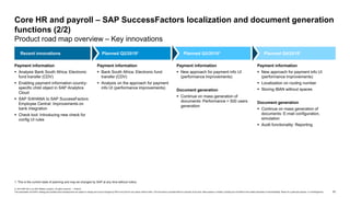 53
© 2019 SAP SE or an SAP affiliate company. All rights reserved. ǀ PUBLIC
This presentation and SAP‘s strategy and possible future developments are subject to change and may be changed by SAP at any time for any reason without notice. This document is provided without a warranty of any kind, either express or implied, including but not limited to the implied warranties of merchantability, fitness for a particular purpose, or noninfringement.
1. This is the current state of planning and may be changed by SAP at any time without notice.
Core HR and payroll – SAP SuccessFactors localization and document generation
functions (2/2)
Product road map overview – Key innovations
Payment information
 Analysis Bank South Africa: Electronic
fund transfer (CDV)
 Enabling payment information country-
specific child object in SAP Analytics
Cloud
 SAP S/4HANA to SAP SuccessFactors
Employee Central: Improvements on
bank integration
 Check tool: Introducing new check for
config UI rules
Payment information
 Bank South Africa: Electronic fund
transfer (CDV)
 Analysis on the approach for payment
info UI (performance improvements)
Payment information
 New approach for payment info UI
(performance improvements)
Document generation
 Continue on mass generation of
documents: Performance > 500 users
generation
Recent innovations Planned Q2/20191 Planned Q3/20191 Planned Q4/20191
Payment information
 New approach for payment info UI
(performance improvements)
 Localization on routing number
 Storing IBAN without spaces
Document generation
 Continue on mass generation of
documents: E-mail configuration,
simulation
 Audit functionality: Reporting
 