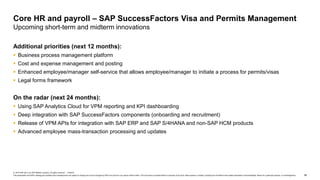 58
© 2019 SAP SE or an SAP affiliate company. All rights reserved. ǀ PUBLIC
This presentation and SAP‘s strategy and possible future developments are subject to change and may be changed by SAP at any time for any reason without notice. This document is provided without a warranty of any kind, either express or implied, including but not limited to the implied warranties of merchantability, fitness for a particular purpose, or noninfringement.
Additional priorities (next 12 months):
 Business process management platform
 Cost and expense management and posting
 Enhanced employee/manager self-service that allows employee/manager to initiate a process for permits/visas
 Legal forms framework
On the radar (next 24 months):
 Using SAP Analytics Cloud for VPM reporting and KPI dashboarding
 Deep integration with SAP SuccessFactors components (onboarding and recruitment)
 Release of VPM APIs for integration with SAP ERP and SAP S/4HANA and non-SAP HCM products
 Advanced employee mass-transaction processing and updates
Core HR and payroll – SAP SuccessFactors Visa and Permits Management
Upcoming short-term and midterm innovations
 