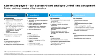 59
© 2019 SAP SE or an SAP affiliate company. All rights reserved. ǀ PUBLIC
This presentation and SAP‘s strategy and possible future developments are subject to change and may be changed by SAP at any time for any reason without notice. This document is provided without a warranty of any kind, either express or implied, including but not limited to the implied warranties of merchantability, fitness for a particular purpose, or noninfringement.
1. This is the current state of planning and may be changed by SAP at any time without notice.
Core HR and payroll – SAP SuccessFactors Employee Central Time Management
Product road map overview – Key innovations
Time management
 Termination and rehire in same accrual
period (part 2)
 Yearly time collectors
 Correction of manual time account
adjustments
 Recalculation of time account balances
when multiple time accounts are
deducted
 Document generation for specific
countries (such as vacation statement
for Chile)
Mobile
 Grouping in to-dos
 Show rejected timesheets in to-dos
 Team absence calendar enhancements
 Recording notes for approver
 Recurring absences
Recent innovations Planned Q2/20191 Planned Q3/20191 Planned Q4/20191
Time management
 Legacy LoA migration tools: Create
time records for unfinished LoA
records
 Support payout during period-end
processing for flexible date accounts
(such as Prima Vacacional for Mexico)
 Dynamic break handling extensions:
- Config option for gap handling
- Config option for absence
handling
- Minimum break handling
 Enhancement of external time data
upload service with cost center
Mobile
 Record allowances and on-call
 Show future time off balance
 View declined requests and notification
Time management
 Termination and rehire in same accrual
period (part 1)
 Support “change of hire date” scenario
for time off and timesheet
 Rule function to check allowances in
timesheet upon absence recording
 SAP Fiori time-off ESS UI
Mobile
 Support split weeks
 Dynamic break support
 Amend timesheets
 Display time type groups and time
collectors
 Undetermined end date
 Support custom fields (part 1)
Time management
 Clock-in/clock-out integration
 Flextime
- Flextime bandwidth definition in work
schedule
- flextime handling in time valuation
 Localization: Enhanced collision handling
(such as parallel absences and parallel
sicknesses for Netherlands)
Mobile
 Support of additional custom field formats
(part 2)
 Support of mobile clock-in/clock-out
 