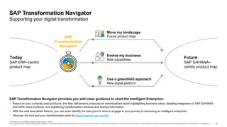 63
© 2019 SAP SE or an SAP affiliate company. All rights reserved. ǀ PUBLIC
This presentation and SAP‘s strategy and possible future developments are subject to change and may be changed by SAP at any time for any reason without notice. This document is provided without a warranty of any kind, either express or implied, including but not limited to the implied warranties of merchantability, fitness for a particular purpose, or noninfringement.
SAP
Transformation
Navigator
SAP Transformation Navigator
Supporting your digital transformation
Today
SAP ERP–centric
product map
Future
SAP S/4HANA–
centric product map
Move my landscape
Future product map
Evolve my business
New capabilities
Use a greenfield approach
New digital platform
SAP Transformation Navigator provides you with clear guidance to chart the Intelligent Enterprise:
 Based on your currently used products, this free self-service produces an individualized report highlighting business value, detailing integration to SAP S/4HANA
and other cloud products, and explaining transformation services and license information.
 With the new time-slider feature, you can even identify the best point in time to engage in your journey to becoming an intelligent enterprise.
 Discover the tool and your transformation path at https://support.sap.com/stn.
 