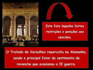 Assinatura do Tratado de Versalhes
Este fato impunha fortes
restrições e punições aos
vencidos.
Imagem:A
assinatura
da
Paz
no
Salão
dos
Espelhos,
Versalhes/
William
Orpen,
1919/
Imperial
War
Museum/
Public
Domain
O Tratado de Versalhes repercutiu na Alemanha,
sendo o principal fator do sentimento de
revanche que ocasionou a II guerra.
 