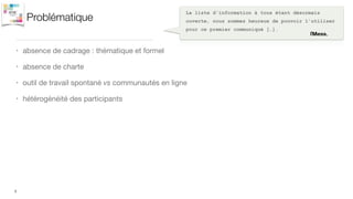 Problématique
• absence de cadrage : thématique et formel

• absence de charte

• outil de travail spontané vs communautés en ligne 

• hétérogénéité des participants
3
La liste d'information à tous étant désormais
ouverte, nous sommes heureux de pouvoir l’utiliser
pour ce premier communiqué […].
[Mess.
 