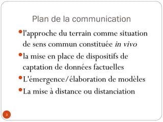 Plan de la communication l'approche du terrain comme situation de sens commun constituée  in vivo   la mise en place de dispositifs de captation de données factuelles L'émergence/élaboration de modèles La mise à distance ou distanciation 