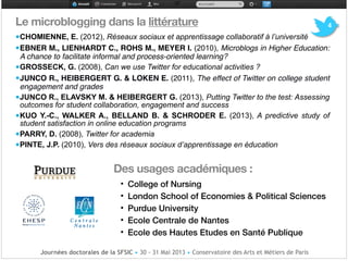 4Le microblogging dans la littérature!
•CHOMIENNE, E. (2012), Réseaux sociaux et apprentissage collaboratif à l’université!
•EBNER M., LIENHARDT C., ROHS M., MEYER I. (2010), Microblogs in Higher Education:
A chance to facilitate informal and process-oriented learning?!
•GROSSECK, G. (2008), Can we use Twitter for educational activities ? !
•JUNCO R., HEIBERGERT G. & LOKEN E. (2011), The effect of Twitter on college student
engagement and grades!
•JUNCO R., ELAVSKY M. & HEIBERGERT G. (2013), Putting Twitter to the test: Assessing
outcomes for student collaboration, engagement and success!
•KUO Y.-C., WALKER A., BELLAND B. & SCHRODER E. (2013), A predictive study of
student satisfaction in online education programs!
•PARRY, D. (2008), Twitter for academia!
•PINTE, J.P. (2010), Vers des réseaux sociaux d’apprentissage en éducation!
!
Des usages académiques : !
• College of Nursing!
• London School of Economies & Political Sciences !
• Purdue University!
• Ecole Centrale de Nantes !
• Ecole des Hautes Etudes en Santé Publique
Journées doctorales de la SFSIC • 30 - 31 Mai 2013 • Conservatoire des Arts et Métiers de Paris
 