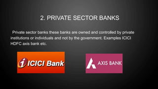 2. PRIVATE SECTOR BANKS
Private sector banks these banks are owned and controlled by private
institutions or individuals and not by the government. Examples ICICI
HDFC axis bank etc.
 