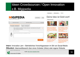 10
Ideen Crowdsourcen / Open Innovation
z.B. Migipedia
Intern: Innovation Jam – Betriebliches Vorschlagswesen im Stil von Social Media
Öffentlich: Ideenwettbewerb über einen Anbieter (Atizo) oder eigene Website
Quelle: http://www.migipedia.ch/de/
 