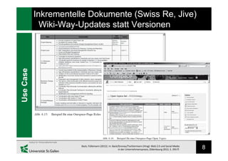 8Back, Füllemann (2012). In: Back/Gronau/Tochtermann (Hrsg): Web 2.0 und Social Media
in der Unternehmenspraxis, Oldenbourg 2012, S. 293 ff.
UseCase
Inkrementelle Dokumente (Swiss Re, Jive)
Wiki-Way-Updates statt Versionen
 