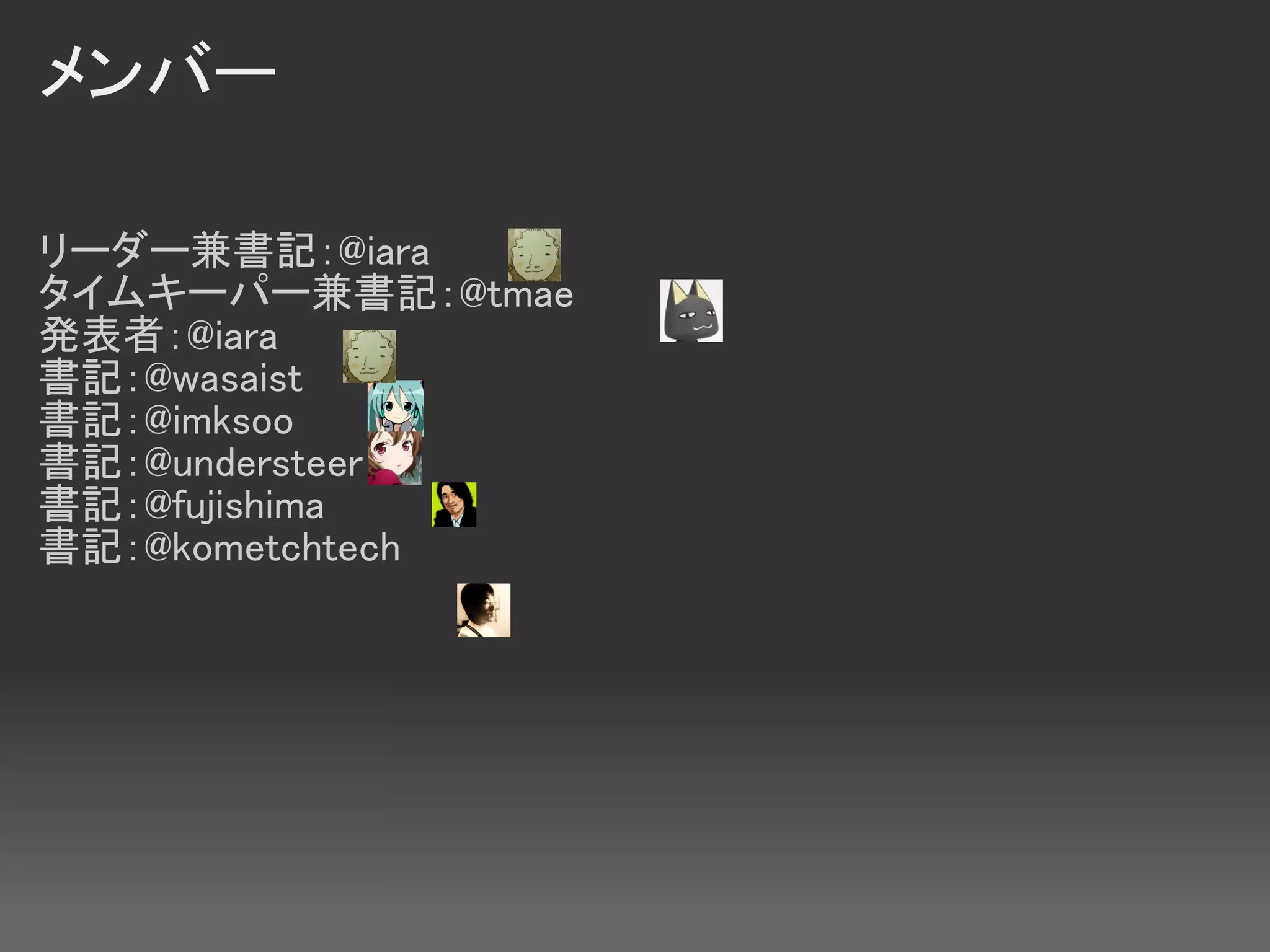 メンバー

リーダー兼書記：@iara
タイムキーパー兼書記：@tmae
発表者：@iara
書記：@wasaist
書記：@imksoo
書記：@understeer
書記：@fujishima
書記：@kometchtech
 
