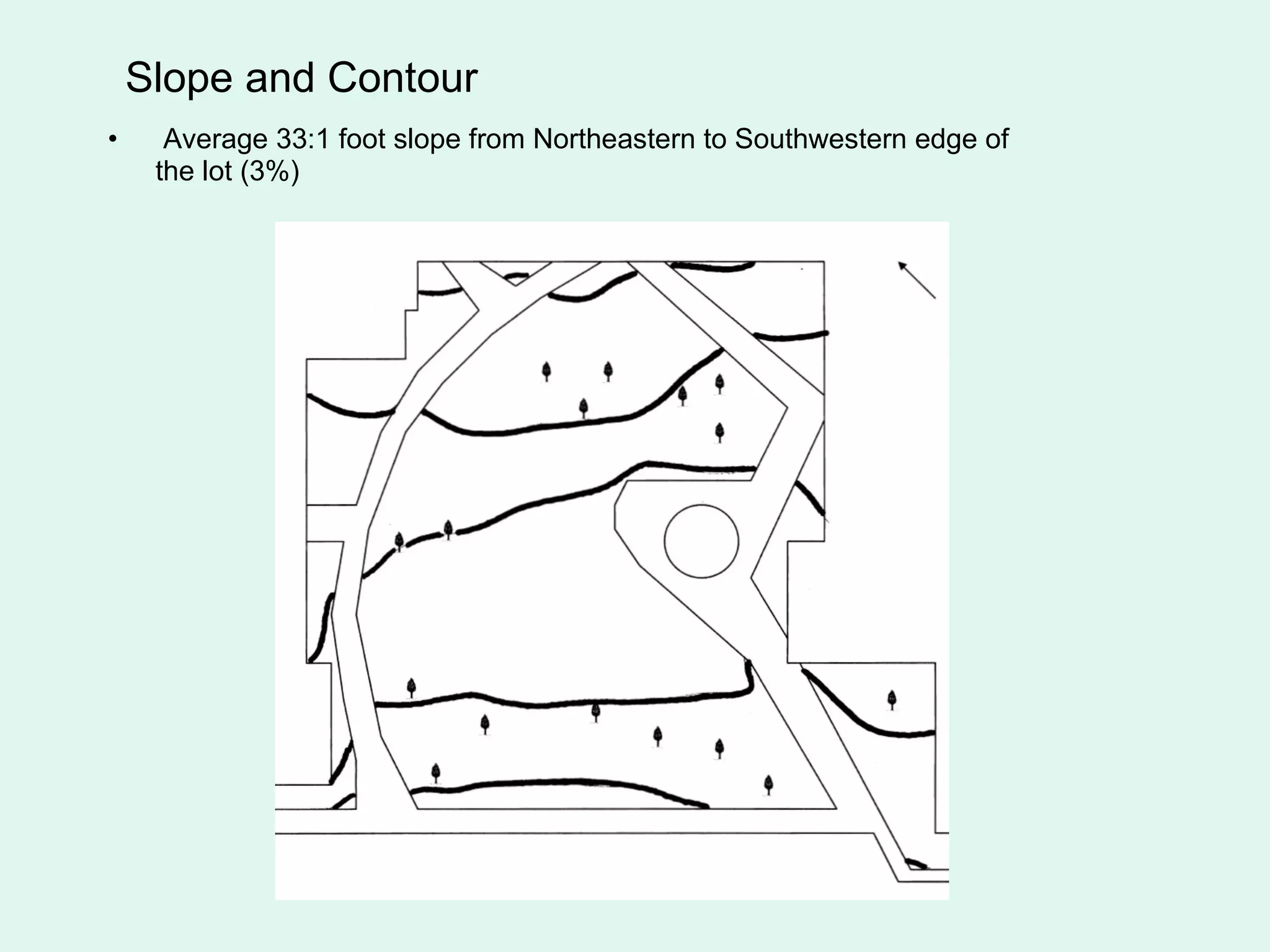 Slope and Contour Average 33:1 foot slope from Northeastern to Southwestern edge of the lot (3%) 
