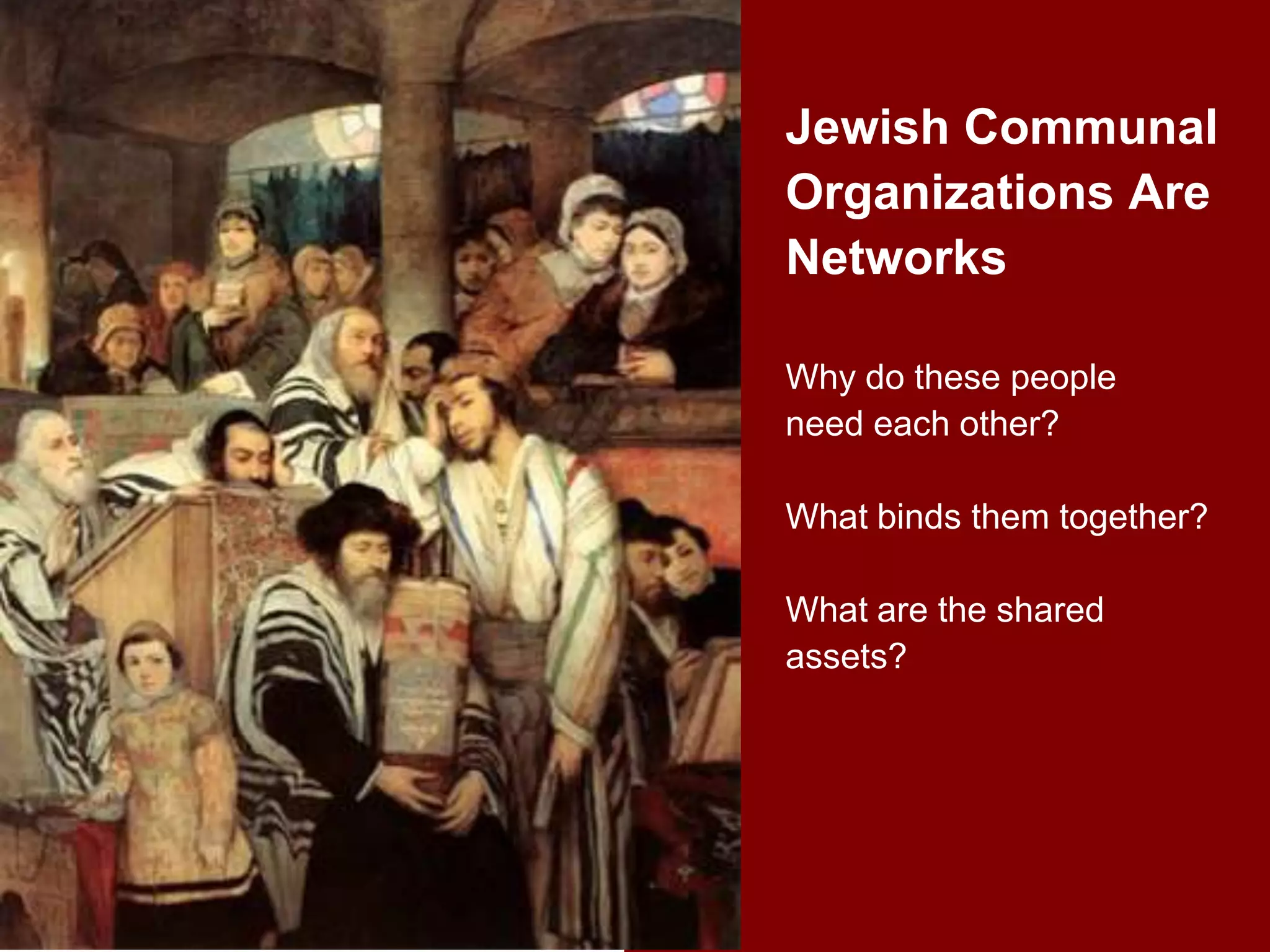 Jewish Communal
Organizations Are
Networks

Why do these people
need each other?

What binds them together?

What are the shared
assets?
 