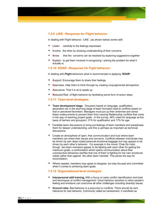 1.5.9 LIKE –Response for Flight behavior:
               In dealing with Flight behavior, ‘LIKE’, (as shown below) works well:

                   Listen:   carefully to the feelings expressed
                   Involve: the other by showing understanding of their concerns
                   Know:     that the concerns can be resolved by exploring suggestions together
                   Explain: to get them involved in recognizing / solving the problem for what it
                   actually is.
               1.5.10 SOAR –Response for Fight behavior:
               In dealing with Flight behaviors what is recommended is applying ‘SOAR’:

                   Support: Encourage them to share their feelings
                   Openness: Help them to think through by creating nonjudgmental atmosphere
                   Assurance: That it is ok to speak up
                   Reduced Risk: of flight behavior by facilitating some form of action steps
               1.5.11 Team level strategies:

                   Team development stage: Groupism based on language, qualification,
                   generation etc in the storming stage of team formation lead to conflicts based on
                   real or perceived favoritism. Managers must put up their antennae and sense
                   these undercurrents to prevent them from causing Relationship conflicts that come
                   in the way of reaching project goals. In the survey, 46% voted for language as the
                   basis of barriers and groupism; 31% for qualification and 17% for age.
                   Facilitate team discussions to bring out feelings of team members and paraphrase
                   them for deeper understanding; and this is perhaps as important as technical
                   discussions.
                   Create an atmosphere of open, free communication and trust where team
                   members can share their issues and concerns. Conflicts between individuals may
                   be driven by own deep rooted personal emotional baggage but may appear to be
                   driven by each other’s behavior. For example in the movie ‘Chak De India’,
                   though two team members appear to be fighting with each other for getting the
                   maximum goals, a confrontation which opens communication about their
                   unproductive behaviors clarifies that one of them is fighting for her own emotional
                   needs rather than against the other team member. This paves the way for
                   reconciliation.
                   Where needed, members may agree to disagree, but stay focused and committed
                   when it comes to achieving team goals
               1.5.12 Organizational level strategies:

                   Interpersonal skill training: With a focus on early conflict identification and tools
                   and techniques of conflict management. Good behavior sensitive to other people’s
                   feeling and emotions can overcome all other challenges including diversity issues.
                   Ground rules: Bad behavior is a precursor to conflicts. There should be zero
                   tolerance for bad behavior. Commonly called as harassment, it manifests as

10 | P a g e
 