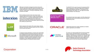 10/71Corporation
Ciklum is an award-winning global IT company with Scandinavian
roots and more than 13 years of experience in IT outsourcing. We
recruit from a pool of more than 40,000 IT specialists throughout
the world to build your development dream team, working closely
with you to meet your needs from beginning to end.
Being an innovative Swiss development and web company, we offer
you comprehensive consulting services as well as professional
solutions in the area of electronic payments. With long standing
experience in the implementation of high-quality online shops, we
offer you all-inclusive solutions from one source. Our graded
product range and the diversification of our core competences
allow us to offer solutions from small to big online merchants.
In Switzerland Econis is as far-sighted, reliable IT service provider
and system integrator has long been a safe value. If you are using us
as its IT partner, you can count on a useful, good cooperation. Our
experts take care of your tasks reliably and responsibly.
We are a global team of strategists, designers, architects, and
engineers. We collaborate with you to solve your biggest business
challenges through the creative application of design thinking and
technology solutions.
e-shelter develops and runs high availability data centers. We
design and build, operate and secure, on our own premises and
anywhere you need our security
Ginetta is a leading local web and mobile develop and design firm
with a focus on user experience. They have numerous finance, ICT,
and FinteCH work to their credit such as Crowdhouse, PostFinance,
and Raiffeisen.
Google Zurich brings Googlers together from 75 countries. As a
major engineering hub for EMEA, our hardware and software
engineers use every aspect of computer science to push technology
forward. When these teams partner with Googlers in non-technical
roles, we solve some of the most challenging engineering problems
and make great products that are used by millions of people.
HP Financial Services offers a global portfolio of solutions for leasing
and IT lifecycle management services. We support you for an
upgrade to the latest technology platform, from procurement to
the end of its useful life. Our goal is to improve your return on IT to
reduce risks and optimize your solution.
 