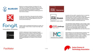 14/71Events
Sibos is the world’s premier financial services event. Sibos is the
annual conference, exhibition and networking event organised by
SWIFT for the financial industry. What started out as a banking
operations seminar in 1978, has grown into the premier business
forum for the global financial community to debate and collaborate
in the areas of payments, securities, cash management and trade.
The first #SIXHackathon is history! 30 hours spent pondering,
programming, testing and finally presenting their project to the jury
in the final. 102 participants faced up to the challenge and
competed against each other in a friendly contest.
Startup Weekend is a global network of passionate leaders and
entrepreneurs on a mission to inspire, Educate, empower and
Individuals, teams and Communities. Come share ideas, form
teams, and launch startups.
Startup Weekend is a global network of passionate leaders and
entrepreneurs on a mission to inspire, Educate, empower and
Individuals, teams and Communities. Come share ideas, form
teams, and launch startups.
Swiss FinTech Pitch is the competition for the best #swissfinteCH.
Beyond the awards available, it offers opportunities for the 10
companies participating to get real, neutral feedback from judges
and the audience, local and international media coverage, exposure
to leading investors, and access to top corporate partners.
Organized by volunteers from Swiss FinteCH.
The Forum is best known for its annual winter meeting in Davos, a
mountain resort in Graubünden, in the eastern Alps region of
Switzerland. The meeting brings together some 2,500 top business
leaders, international political leaders, selected intellectuals, and
journalists to discuss the most pressing issues facing the world.
 