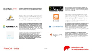 27/71FinteCH - Data
28msec delivers information governance of data lakes for financial
institutions. Our middleware platform empowers IT, data analysts
and business analysts to build real-time reports and analytics from
heterogeneous multiple data sources and format and provides
native support for highly dimensional data and schema evolutions
without any IT intervention. By integrating with the BI tools they
love, 28msec gives full control to analysts.
Calfor LLC is the leader in real-time sentiment analysis of large
numbers of documents. Our expertise in semantics, sentiment
analysis and big data technologies brings us into the position to
support all types of decision-making processes where quantitative
and qualitative data analysis is essential...
Connectivity Factory™ is a unique middleware solution that makes
sure data is distributed across multiple systems and available when
and where it’s needed. This powerful and reliable solution easily,
quickly and securely turns inconsistent and disparate data into
warranted sources of information, providing valuable assets to the
business.
embotech, short for embedded optimization technologies, was
founded in September 2013. We strive to lead the market for
numerical optimization solutions that will be integral part of
tomorrow's decision making systems. The company is a spin-off of
the Automatic Control Laboratory from ETH Zurich.
Our company specializes in the development and distribution of
innovative technology products and services. We create and
manufacture technologies to enable our customers today and
tomorrow, to address their business challenges faster, further and
more safely.
We are a startup company based out of Geneva in Switzerland,
specializing in big data and predictive analytics, artificial intelligence
and machine learning. We provide a new generation automated
trading platform for Forex market traders. This web platform
allows: 1) Trading with new types of simple and reliable technical
indicators. 2) Automating strategies through a learning engine.
NetGuardians is recognized for its unique approach to fraud and risk
assurance solutions. Its software leverages Big Data to correlate and
analyze behaviors across the entire bank system, not just at the
transaction level. NetGuardians was the first company to emerge
from the innovation incubator Y-Parc, in Yverdon-les-Bains,
Switzerland. Headquartered in Switzerland, NetGuardians has
offices in Kenya, Poland, and Singapore.
Quantesys identifies and interprets behavioral anomalies to
enhance investors' profit and reduce their portfolio volatility.
 