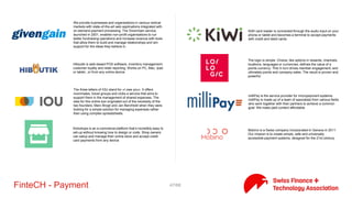 47/71FinteCH - Other
Creating fast, simple and hands-off two-factor user authentication
for online applications that require additional security by pairing
mobile devices with computers in the vicinity of each other.
green[::]match ist die führende webbasierte Investitionsanwendung
für erneuerbare Energien. Die hochflexible Applikation bildet die
gesamte finanzielle Wertschöpfungskette Ihrer Wind-, Photovoltaik-
, Hydro- und Biomasse-Projekte ab und optimiert Ihren Workflow.
Unsere Lösungen befähigen Investoren, Projektentwickler und
Banken verlässliche Entscheidungen zu treffen und ihren
Transaktionserfolg zu steigern.
INNO-X helps financial institutions to eliminate market data risk
while reducing cost. It provides all the required connectors to
source the best market data, from any venue, and aggregates the
data for resilience. Built-in entitlements allow for reliable data
distribution and provide vendor compliance. The combination of
entitlements and reporting provides transparency in data usage and
cost control.
Setting the Standard as the first secure communication platform for
Know Your Customer (KYC) and Customer Due Diligence (CDD)
purposes for the Financial Industry.
moneyland.ch was founded with the goal of offering consumers an
independent and useful financial portal. Moneyland’s special focus
is given to the intelligent comparison tools for matching Swiss
financial services providers, insurance companies and banks. Users
can easily order quotes for free and then decide on a bank or
insurance of their choice.
Moribono is an estate planning tool which allows users to create
wills and estate plans online
The largest offer portal in Switzerland. Offerten24 brings buyers and
sellers together easily. Prospective buyers can quickly find
institutions providing and get up to 3 matching company directly a
tailor-made offer. 100% free of charge and without obligation.
You only need a few steps for creating a flexible sales page if using
Payrexx. You're able to choose among several payment service
providers.
 