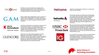 54/71FinteCH - Social
On 100-days.net Initiators (musicians, artists, designers...you!)
display their projects and leave them there for up to 100 days (you
are free to choose the project duration) to be funded by Boosters.
In return, the Boosters (friends, acquaintances, companies,
benefactors...) receive exclusive goodies from the Initiator, such as
a signed CD, a personally dedicated book, a mention in film credits
etc.
Your events and donations platform for crowdfunding of non-profit
projects
I believe in you is the first crowdfunding platform which is
dedicated to the funding of swiss sport projects.
Monito helps you find and compare the best solutions to get your
money across the globe. You tell us where you are, the amount and
the currency of the funds you want to send, and where the recipient
is. We’ll show you the best way to get your money where it needs
to be, and also give you a clear and transparent breakdown of the
fees you’ll pay.
The Sosense Crowdfunding Platform is developed and operated by
Sosense, a pioneer in digital social innovation. We empower
individuals and corporations to make donations directly to
impactful social entrepreneurs and social businesses around the
world.
The Ground_Up Project is a deal-sourcing platform for
sustainability. As the leading platform for environmental projects
under $10M, we achieve scale through our proprietary Value
Compass, which analyses and scores projects, and aggregates
portfolios to match investor requirements.
 