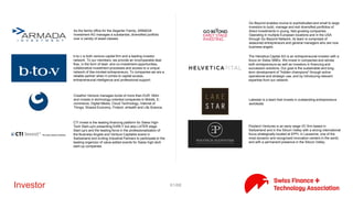 61/71FSI
SWIFT Switzerland’s membership is composed of SWIFT users in
Switzerland and in the Principality of Liechtenstein. Shareholders
are members who are SWIFT users and shareholders of SWIFT SCRL
Whether you are paying with one of the world’s leading credit cards
American Express, MasterCard (e.g. SWISS Miles & More credit
cards) or Visa (e.g. Coop SUPERCARDplus credit card), or taking
advantage of the many associated services, we at Swisscard make it
happen, 24 hours a day, 365 days a year and anywhere in the world.
The Swiss Life Group is the largest life insurance company of
Switzerland. The firm's headquarters are in Zurich. The Swiss Life
Group has over 7,000 employees.
The Swissquote Group is the leading provider of online trading
services in Switzerland. Listed on the SIX Swiss Exchange (symbol
SQN). The headquarters are located in Gland (VD). Other locations
in Zurich, Bern, Dubai, Malta, London and Hong Kong. The
Swissquote Group currently employs 545 employees.
Swiss Re is the world’s second-largest reinsurer, based in Zurich,
Switzerland, operating through offices in more than 25 countries.
Sympany provides made-to-measure protection and assistance with
no red tape. Sympany offers health and accident insurance for
individuals and companies as well as property and liability
insurance. Sympany grew out of ÖKK Basel and other health
insurance companies. Sympany's head office is in Basel.
UBS is a global financial services company, incorporated in the
Canton of Zurich, and co-headquartered in Zürich and Basel. The
company provides investment banking, asset management, and
wealth management services for private, corporate, and
institutional clients worldwide, and retail banking in Switzerland. It
is consistently one the world's largest manager of private wealths
assets.
Union Bancaire Privée is based in Geneva and is one of the major
Swiss asset management banks for both private and institutional
clients. Its principal aim is the quest for performance and the
preservation of its clients’ capital.
 