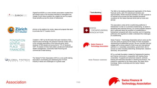 7/71Association
DFCA stated purpose is to bring together members in the industry,
help create regulatory certainty in cooperation with the regulatory
authorities - and to establish standards and best practices for a
compliant and regulated digital finance industry.
DigitalZurich2025 is a cross-industry association created from the
shared vision of its founding members to strengthen the Greater
Zurich Area’s position as a digital hub and to project those benefits
across the whole of Switzerland.
eZurich is the platform for minds, ideas and projects that want to
promote the ICT location Zurich.
Created in 1991 by the 80 banks that were members of the Geneva
stock exchange, the Geneva Financial Center (GFC) is the umbrella
association of the financial sector which employs 37'000 people and
accounts for 17% of Geneva's GDP. It's based on three main pillars:
private and institutional wealth management, commodity trade
financing and commercial & retail banking.
GENCOM is an independant Association based in Geneva,
Switzerland, focused on Energy, Commodities, Financial Markets,
Regulation and Banking Hub from a process, trade, and networking
standpoint by delivering services to Domestic or International
members based in Switzerland and beyond.
The Global FinTech Association (GFA) is a non-profit making
association coordinating and addressing the FinTech industry’s
needs and challenges on a global scale.
The SBA is the leading professional organisation of the Swiss
financial centre, with 310 institutional members and approximately
18'200 individual members. Its main purpose is to maintain and
promote the best possible framework conditions for the Swiss
financial centre both at home and abroad.
The StartAngels Network is a platform for Business Angel investors.
Our mission is to offer the currently about 80 members access to
attractive investment opportunities in early-stage Swiss companies.
 