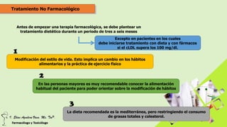 Tratamiento No Farmacológico
Antes de empezar una terapia farmacológica, se debe plantear un
tratamiento dietético durante un periodo de tres a seis meses
Excepto en pacientes en los cuales
debe iniciarse tratamiento con dieta y con fármacos
si el cLDL supera los 100 mg/dl.
Modificación del estilo de vida. Esto implica un cambio en los hábitos
alimentarios y la práctica de ejercicio físico
1
En las personas mayores es muy recomendable conocer la alimentación
habitual del paciente para poder orientar sobre la modificación de hábitos
2
La dieta recomendada es la mediterránea, pero restringiendo el consumo
de grasas totales y colesterol.
3
 