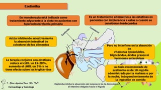 Ezetimiba
En monoterapia está indicada como
tratamiento adyuvante a la dieta en pacientes con
hipercolesterolemia primaria
Es un tratamiento alternativo a las estatinas en
pacientes con intolerancia a estas o cuando se
consideran inadecuadas
Actúa inhibiendo selectivamente
la absorción intestinal de
colesterol de los alimentos Pero no interfiere en la absorción
de
vitaminas liposolubles,
triglicéridos, ácidos grasos ni
hormonas esteroideas
La terapia conjunta con estatinas
reduce el cLDL un 15-20%,
aumenta el cHDL un 3% y no
tiene efecto sobre los triglicéridos
La dosis recomendada de
ezetimiba es de 10 mg/día
administrada por la mañana o por
la noche, independientemente de
la ingestión de comida
 