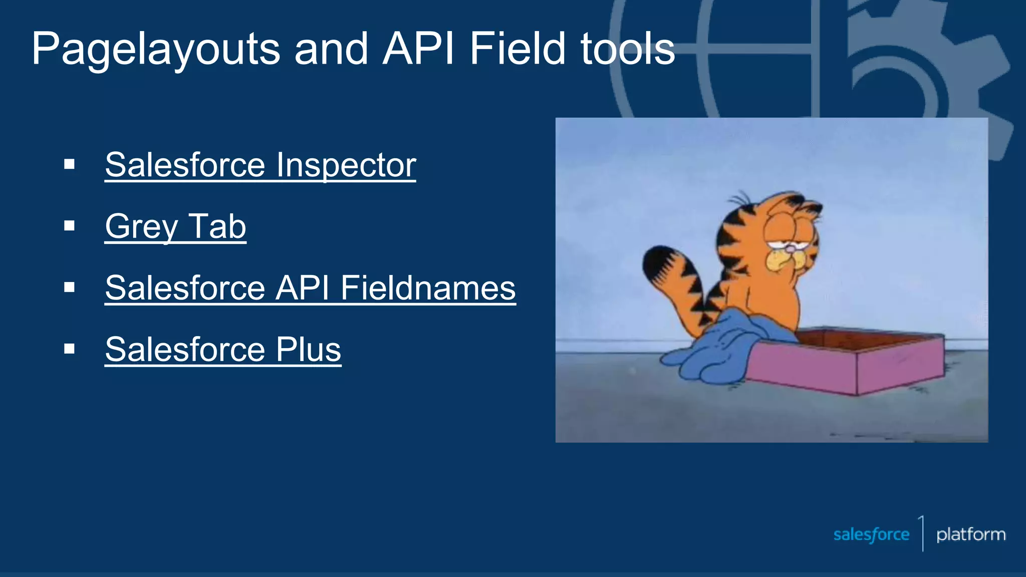 Pagelayouts and API Field tools
 Salesforce Inspector
 Grey Tab
 Salesforce API Fieldnames
 Salesforce Plus
 