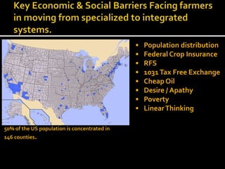 • Population distribution
• Federal Crop Insurance
• RFS
• 1031Tax Free Exchange
• Cheap Oil
• Desire / Apathy
• Poverty
• LinearThinking
50% of the US population is concentrated in
146 counties.
 