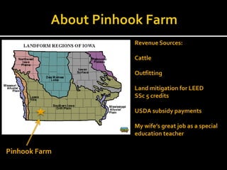 Revenue Sources:
Cattle
Outfitting
Land mitigation for LEED
SSc 5 credits
USDA subsidy payments
My wife’s great job as a special
education teacher
Pinhook Farm
 