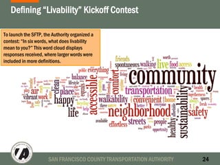 SAN FRANCISCO COUNTY TRANSPORTATION AUTHORITY 24
Defining “Livability” Kickoff Contest
To launch theTo launch the SFTP, the Authority organized a
contest: “In six words, what does livability
mean to you?” This word cloud displays
responses received, where larger words were
included in more definitions.
 
