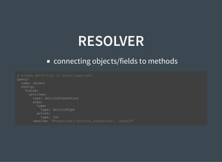 RESOLVER
connecting objects/fields to methods
# schema definition in Query.types.yml
Query:
type: object
config:
fields:
articles:
type: ArticleConnection
args:
type:
type: ArticleType
artist:
type: Int
resolve: "@=resolver('article_connection', [args])"
 