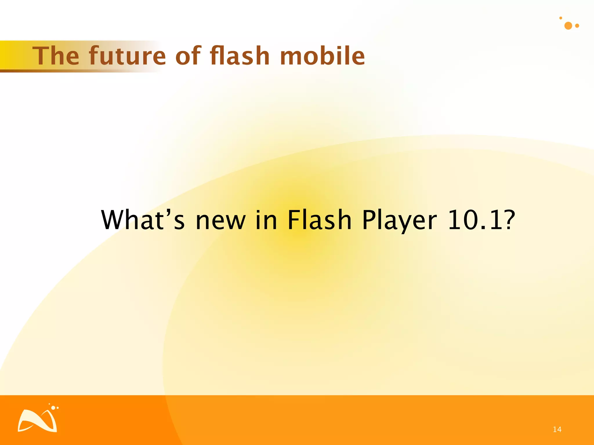 The future of ﬂash mobile




     What’s new in Flash Player 10.1?




                                        14
 